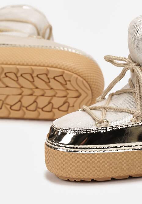 Złote Śniegowce na Grubej Podeszwie ze Ściąganą Cholewką i Sznurowaniem Betulia