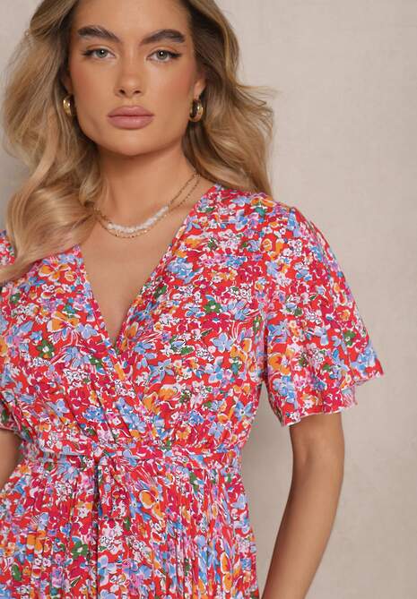 Czerwona Sukienka z Plisami w Kwiecisty Print o Rozkloszowanym Kroju Lanelin