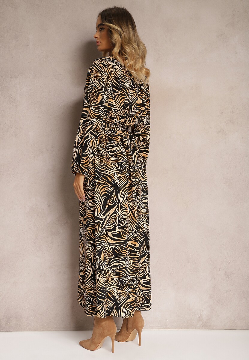 Czarno-Brązowa Kopertowa Sukienka Długa w Abstrakcyjny Wzór z Paskiem w Talii Elennora