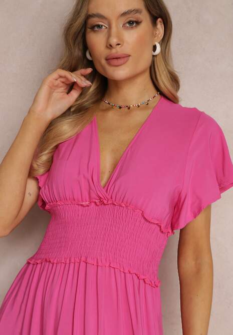 Fuksjowa Wiskozowa Sukienka z Kopertowym Dekoltem i Gumką w Pasie Shura