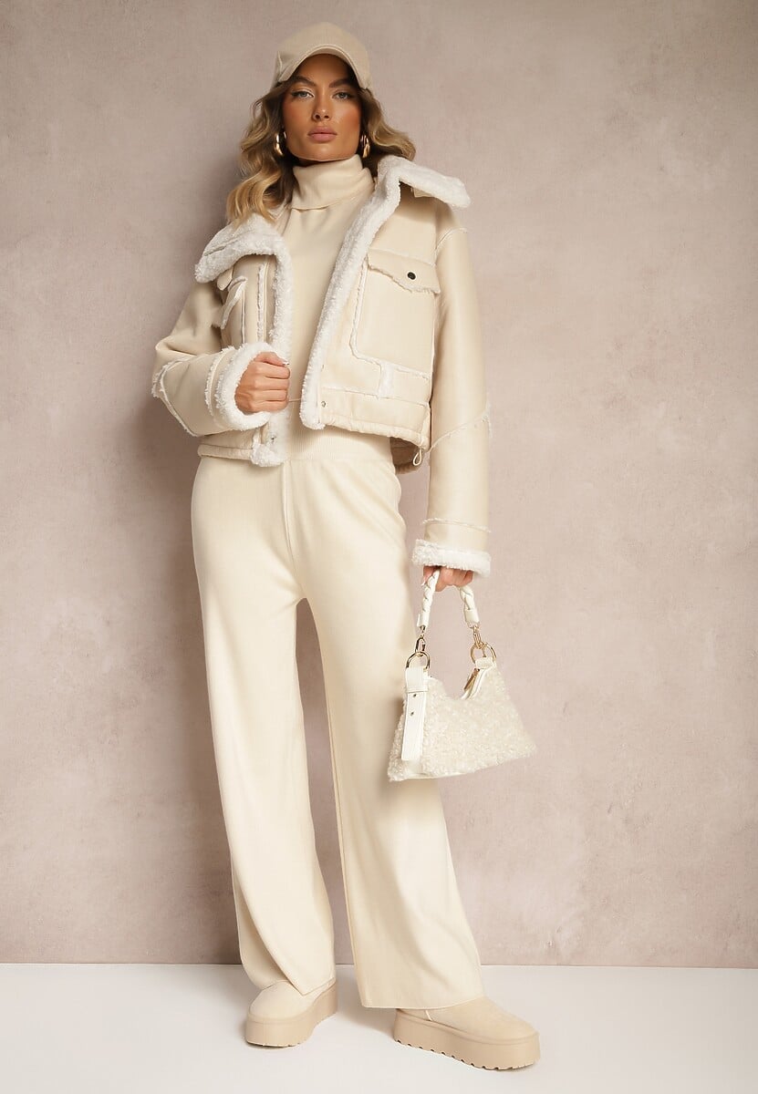 Beżowy Komplet Dzianinowy z Wiskozą Spodnie o Szerokim Kroju Góra z Golfem Norathira