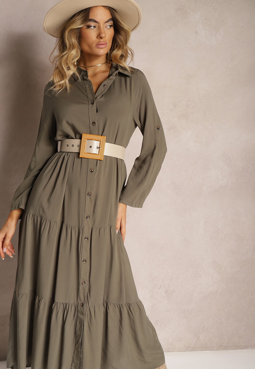 Ciemnozielona Koszulowa Sukienka Maxi z Bawełny Junira