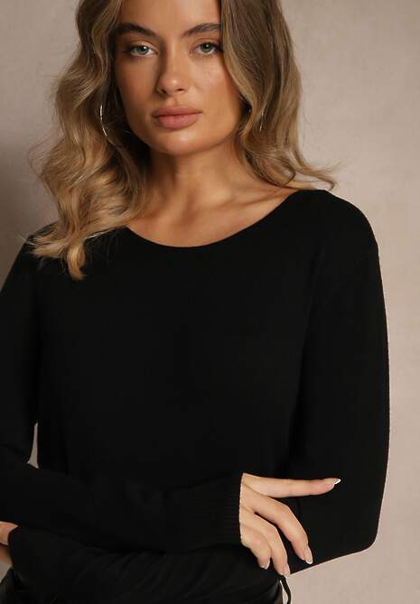 Czarny Gładki Sweter w Minimalistycznym Stylu Tevra