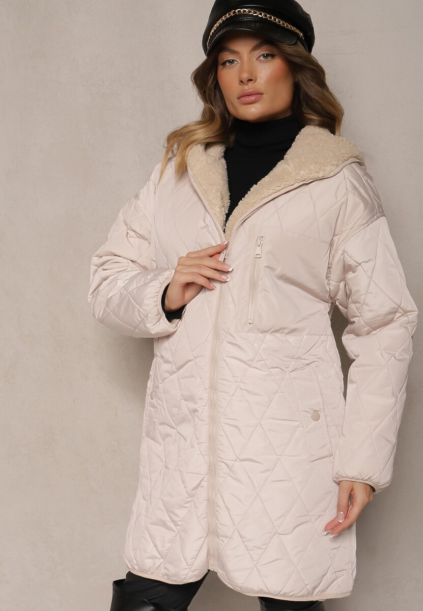 Jasnobeżowa Pikowana Kurtka Dwustronna z Futrem i Kapturem Emalira
