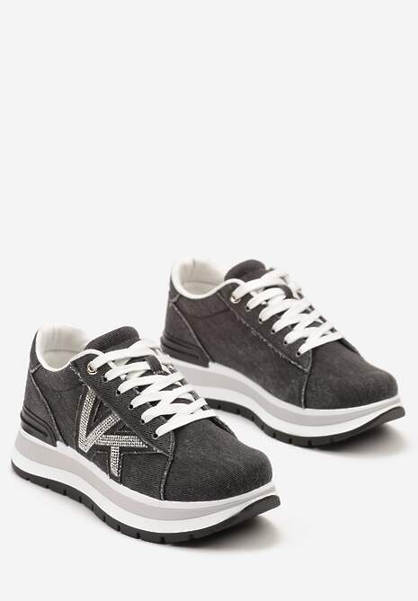 Czarne Sneakersy na Piankowej Platformie Ozdobione Cyrkoniami z Boku Epirvala