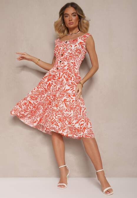 Czerwona Rozkloszowana Sukienka z Bawełny z Guzikami Lisanissea