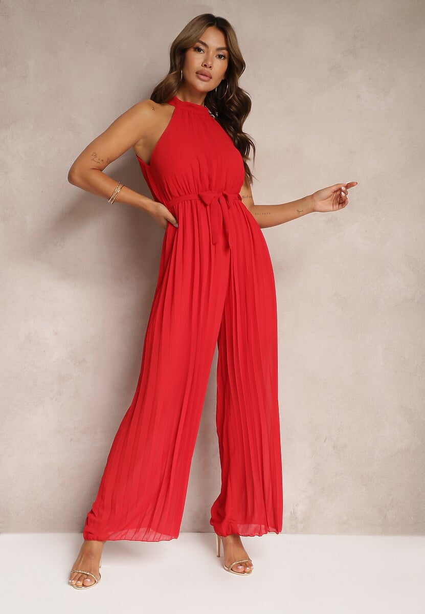 Czerwony Kombinezon z Dekoltem Typu Halter i Gumką w Talii Zolefia
