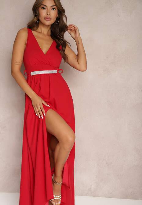 Bordowa Rozkloszowana Sukienka z Wycięciem i Paskiem w Cyrkonie Elineta