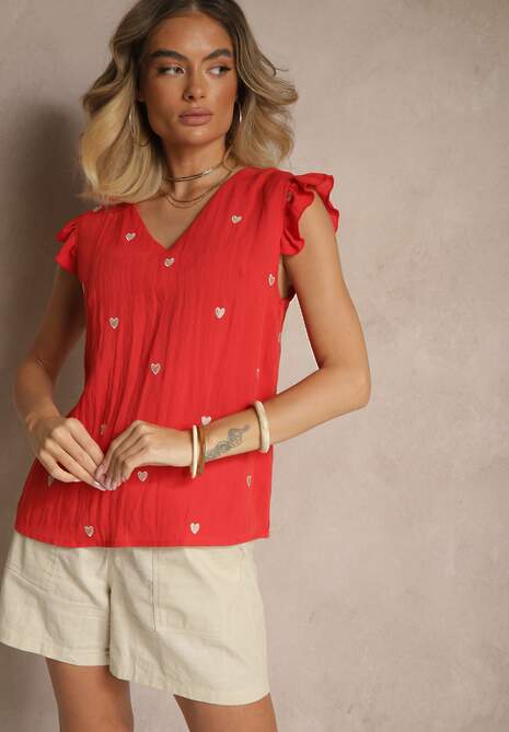 Czerwona Wiskozowa Bluzka Top z Wyhaftowanymi Serduszkami i Falbankami Darwilla