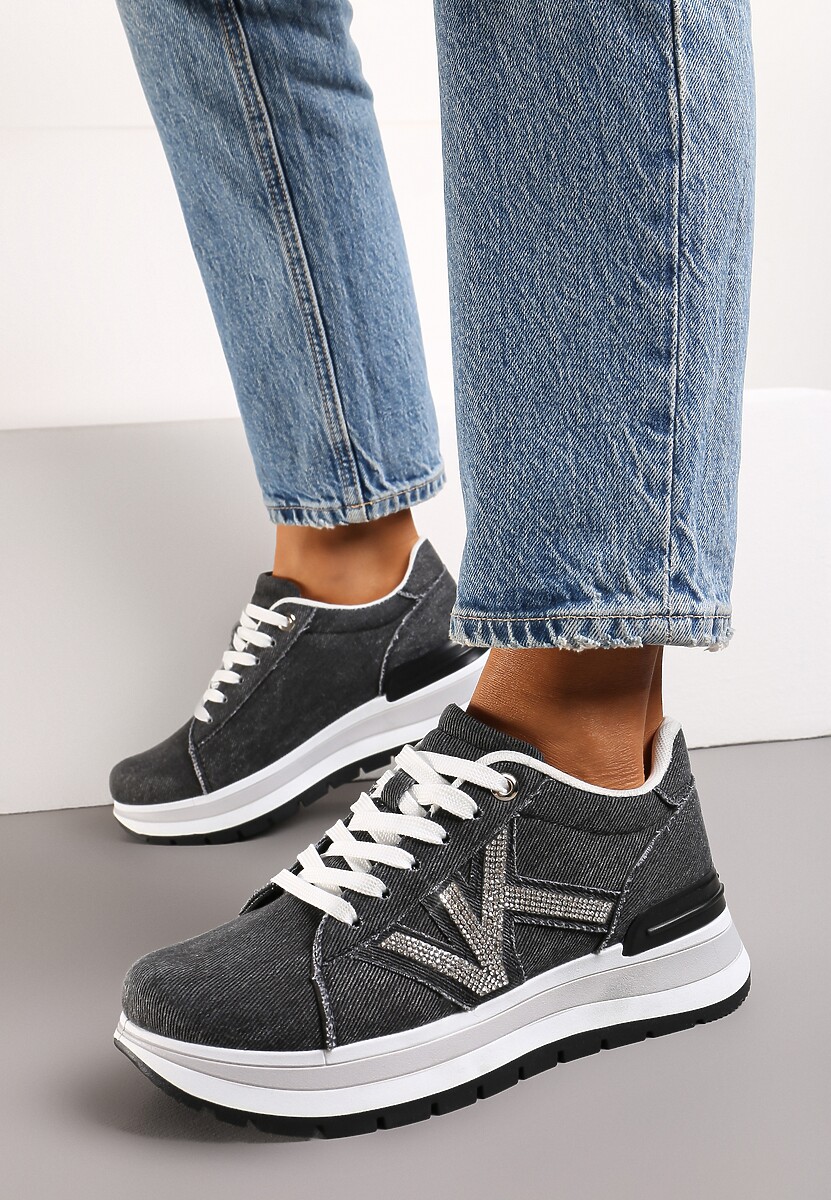 Czarne Sneakersy na Piankowej Platformie Ozdobione Cyrkoniami z Boku Epirvala