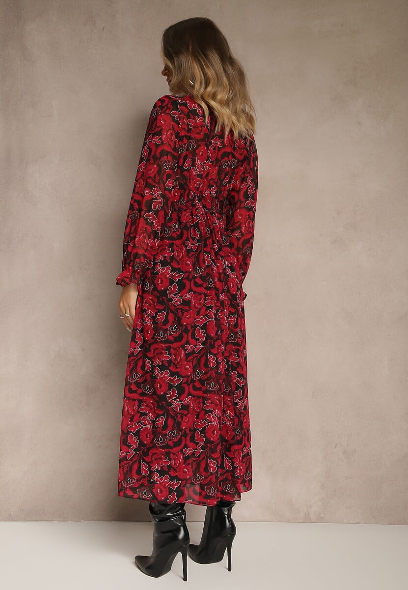 Bordowa Sukienka Maxi Rozkloszowana z Kopertowym Dekoltem Bramave