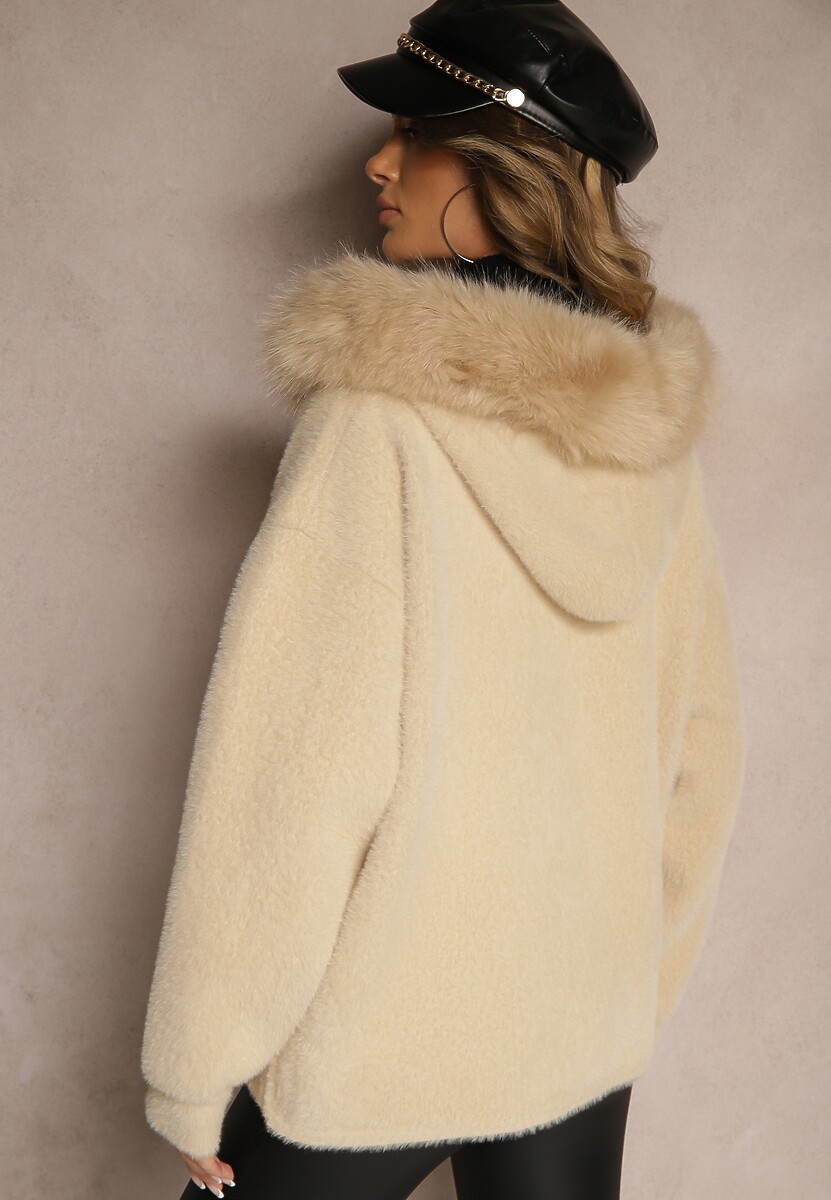 Beżowa Bluza z Wełną z Kapturem i Kieszeniami Ozdobiona Futerkiem Siliti