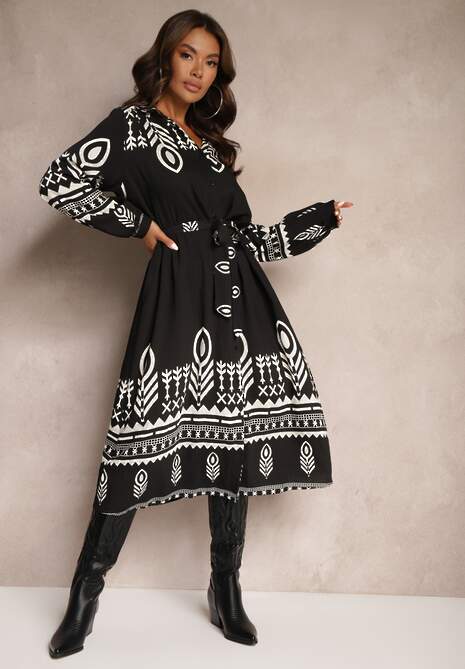 Czarna Koszulowa Sukienka z Wiskozą w Azteckie Wzory Averisa