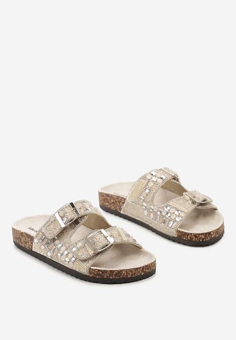 Beżowe Płaskie Klapki z Imitacji Skóry z Klamrami Ozdobione Cyrkoniami i Kamykami Allenda