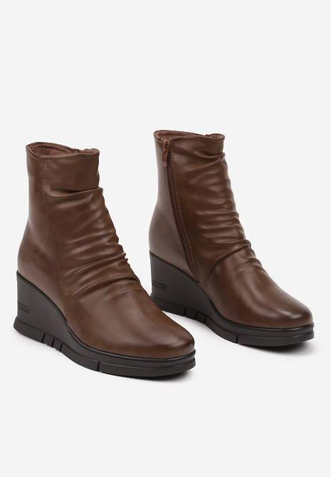 Brązowe Casualowe Botki na Koturnie z Marszczeniem przy Cholewce Itteara