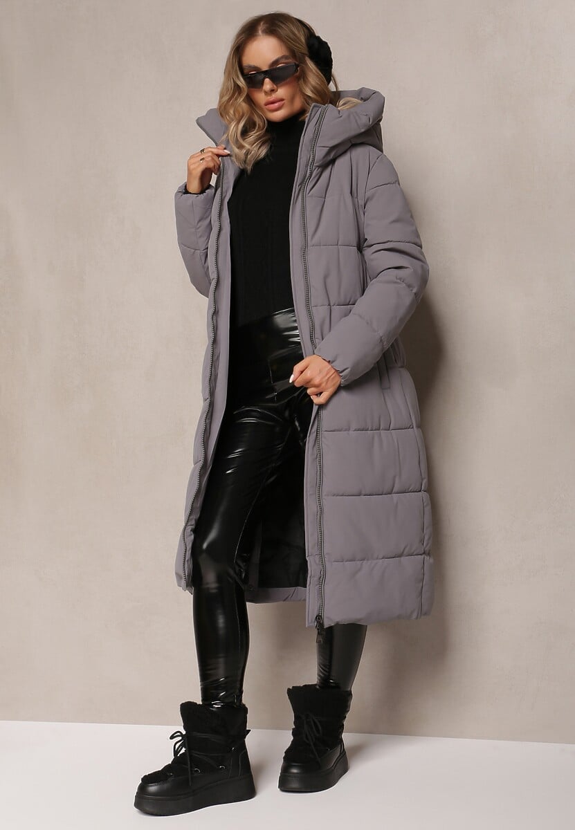 Szara Długa Kurtka Płaszcz z Pikowaniem oraz Kapturem Madirre