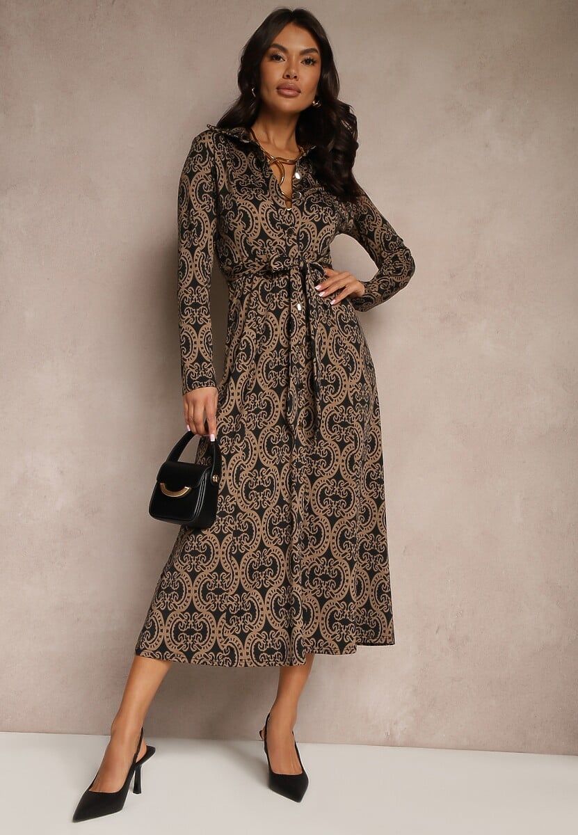 Czarno-Beżowa Wzorzysta Sukienka z Wiskozą o Koszulowym Kroju Ozdobiona Wiązanym Paskiem Evelitha