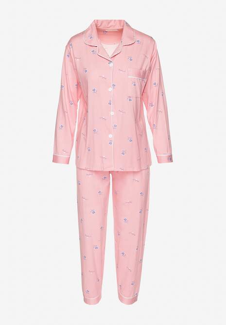Różowy Komplet Piżamowy z Bawełny Spodnie z Gumką w Pasie Koszula na Guziki z Kieszonką Vaiolae