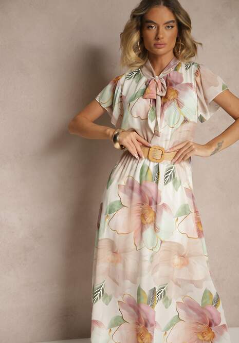 Beżowa Rozkloszowana Sukienka Zdobiona Wiązaniem i Paskiem z Klamrą Sorisse