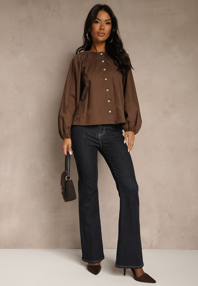 Brązowa Bawełniana Koszula Ozdobiona Marszczeniem i Guzikami z Cyrkoniami Zenana