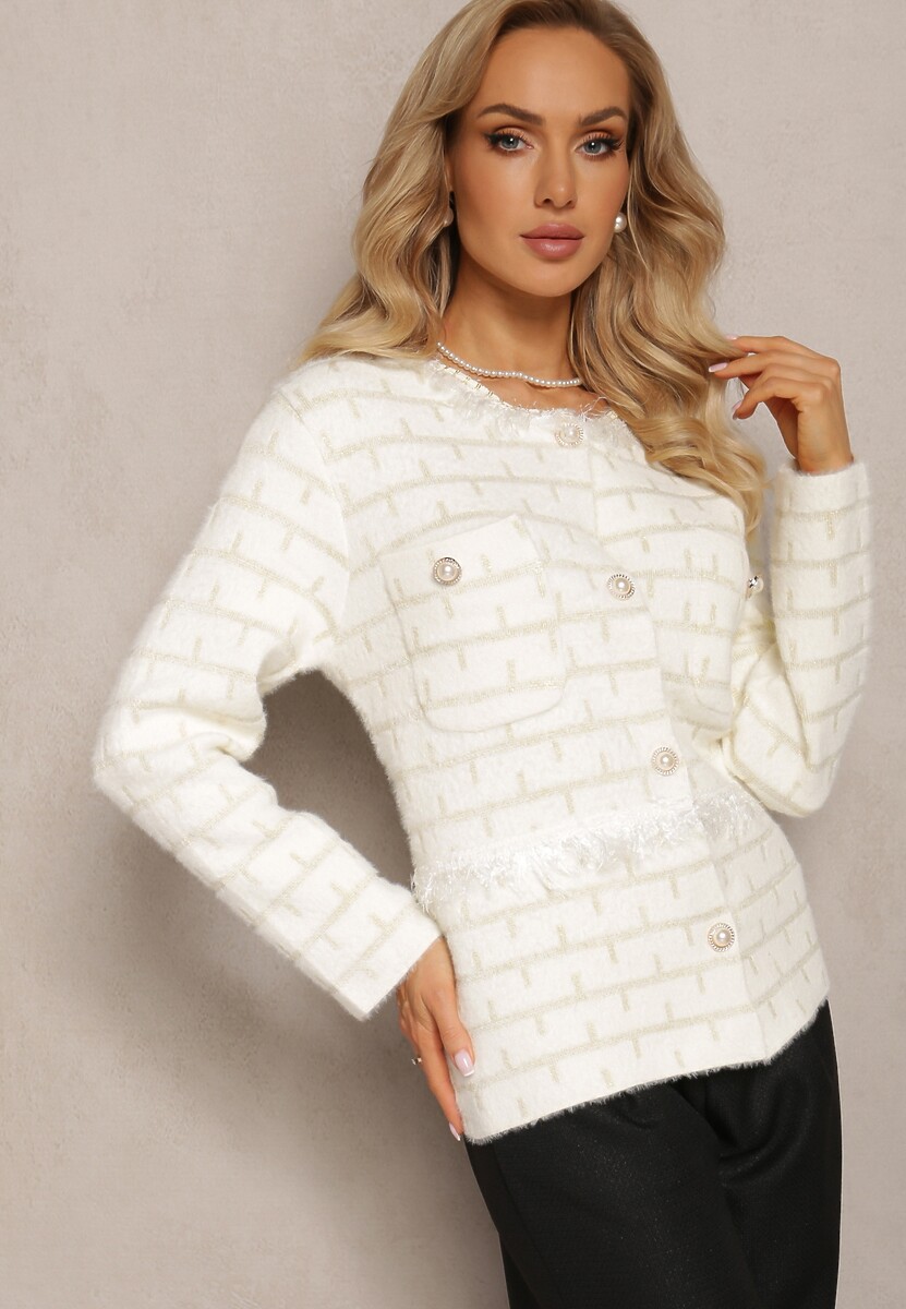 Biało-Beżowy Zapinany Kardigan z Wiskozy i Metaliczną Nitką Kurisa