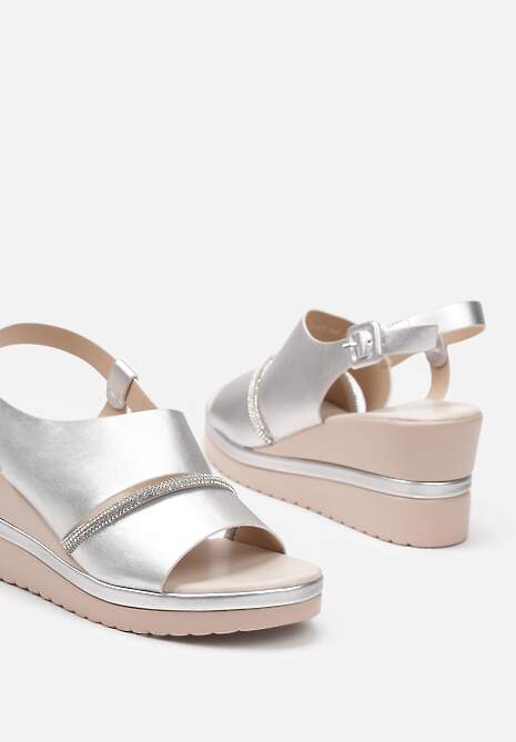 Srebrne Sandały na Koturnie bez Pięty z Paskiem z Cyrkoniami Azarepia