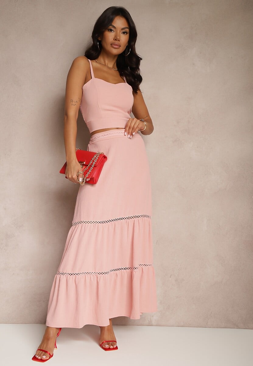 Zielony Komplet Top na Ramiączkach i Rozkloszowana Spódnica Amurra