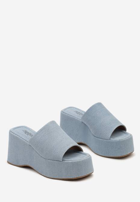 Jasnoniebieskie Klapki Stylizowane na Jeans na Platformie i Koturnie Devolia