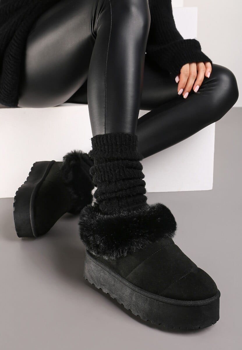 Czarne Śniegowce na Grubej Podeszwie z Ociepleniem z Futerka Tirisha