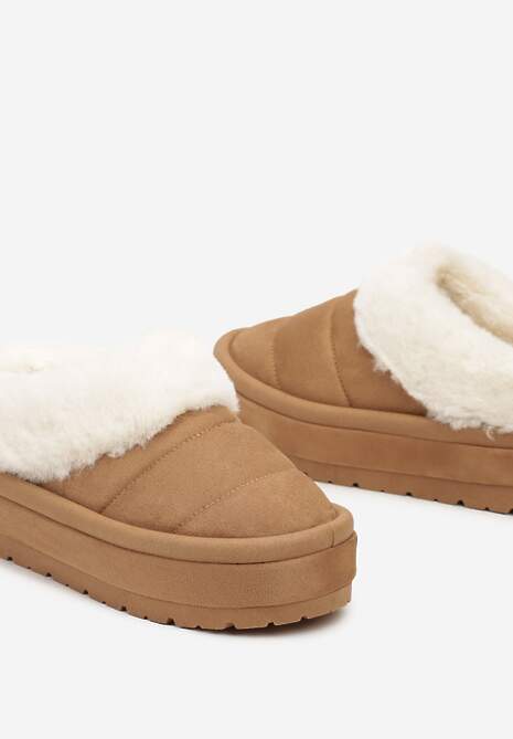 Jasnobrązowe Wsuwane Śniegowce na Platformie Ozdobione Futerkiem Sinthiana