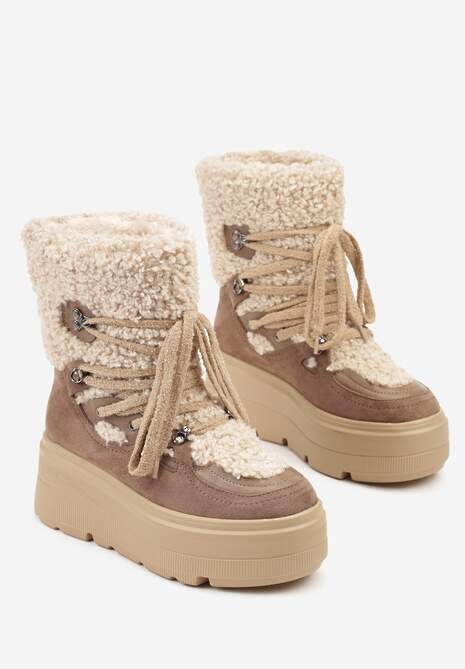 Beżowe Śniegowce na Grubej Podeszwie ze Sznurowaną Cholewką z Futerkiem Zerisa