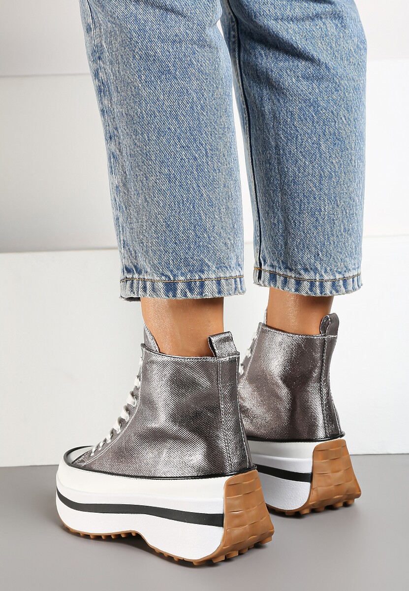 Srebrno-Szare Sznurowane Trampki za Kostkę na Platformie Ealsevia