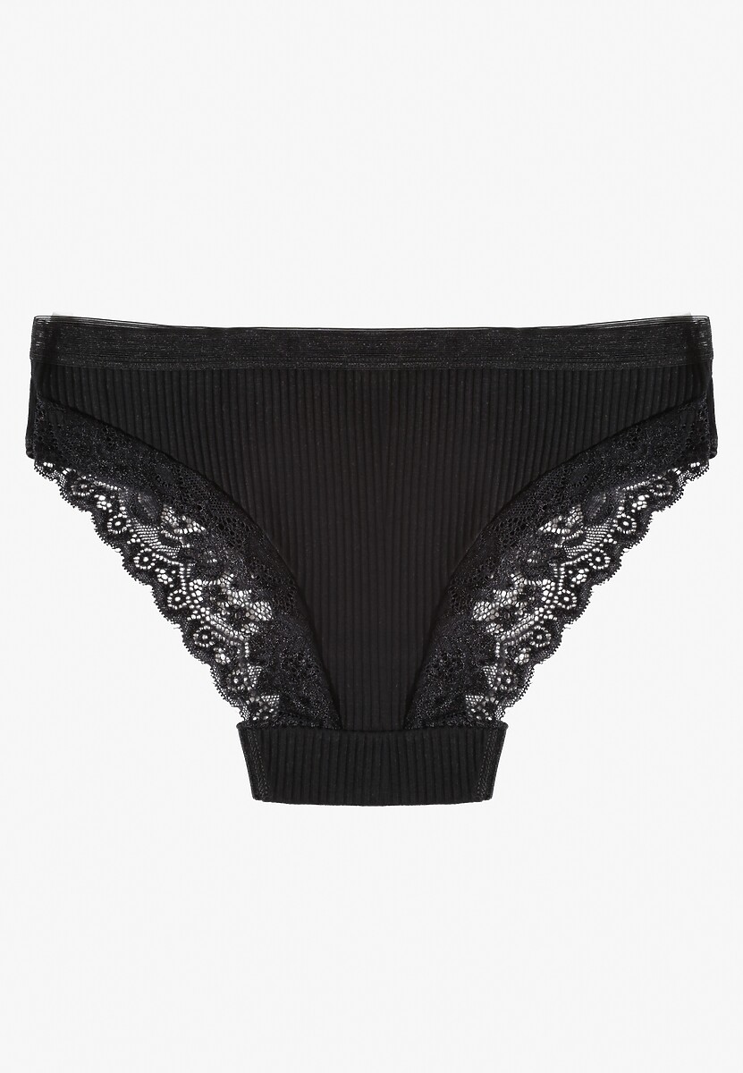 Czarne Bawełniane Majtki Figi z Prążkowanej Tkaniny z Koronką Erqelia