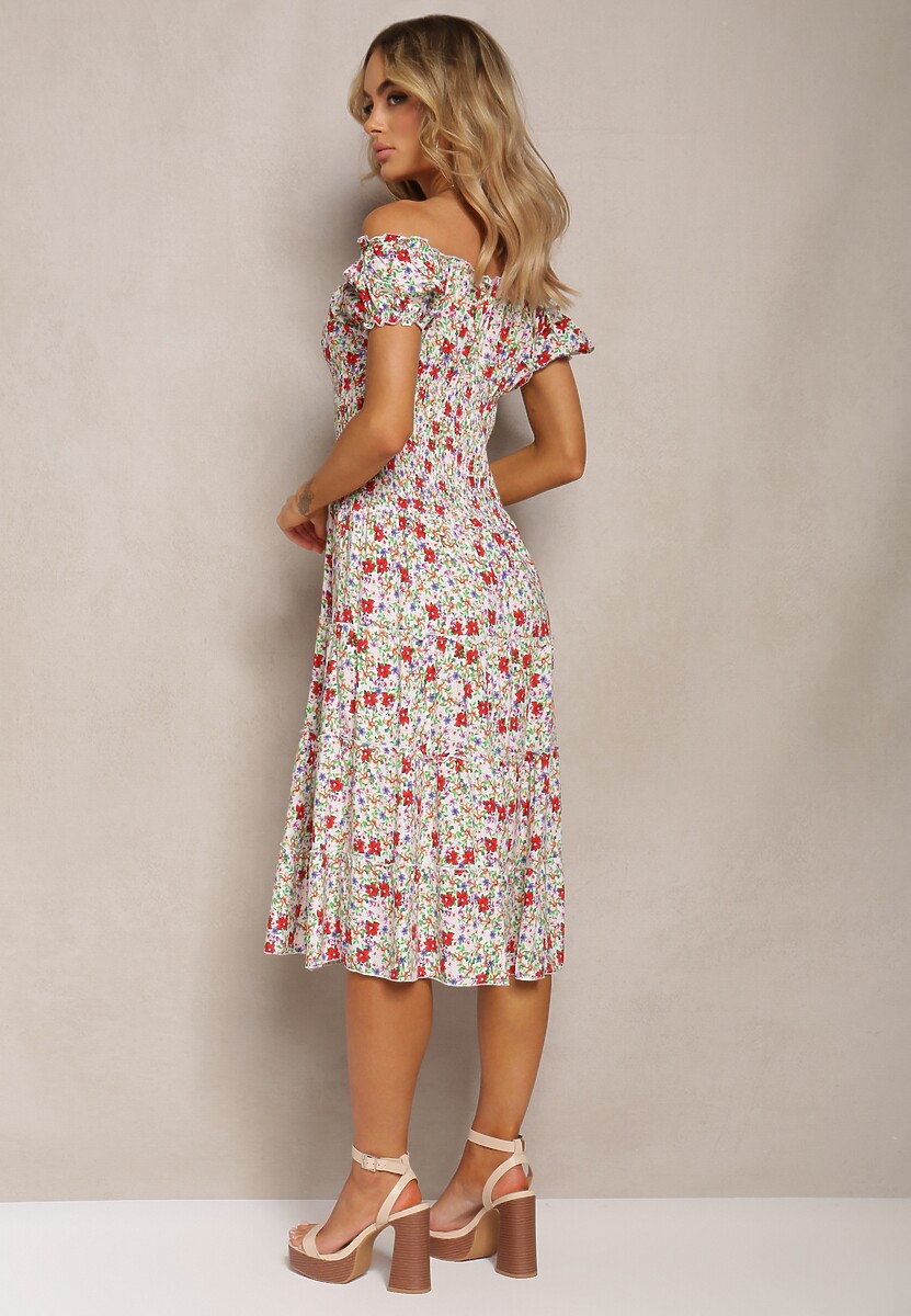 Biało-Różowa Midi Sukienka Hiszpanka z Bawełny w Kwiatowy Wzór Assetni
