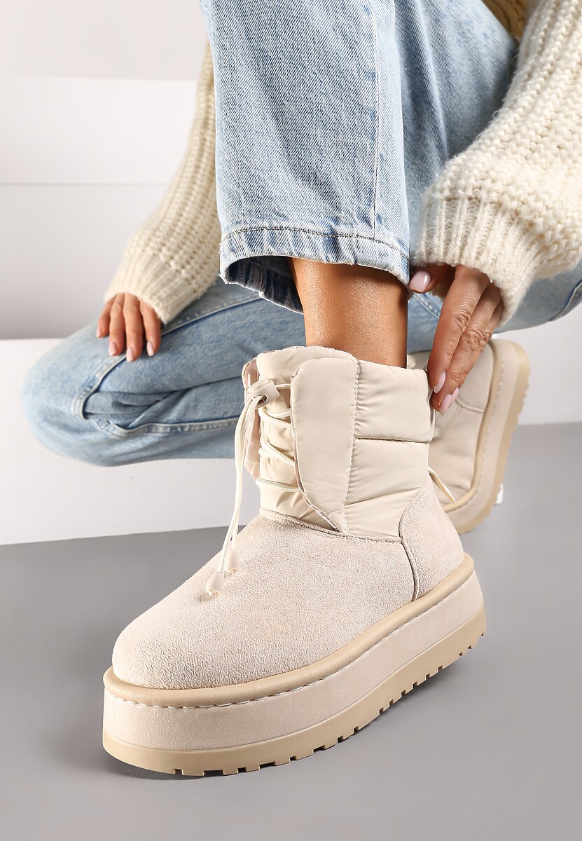 Beżowe Śniegowce na Platformie z Pikowaną Cholewką Ściągaczem i Sznurowaniem Mazirina
