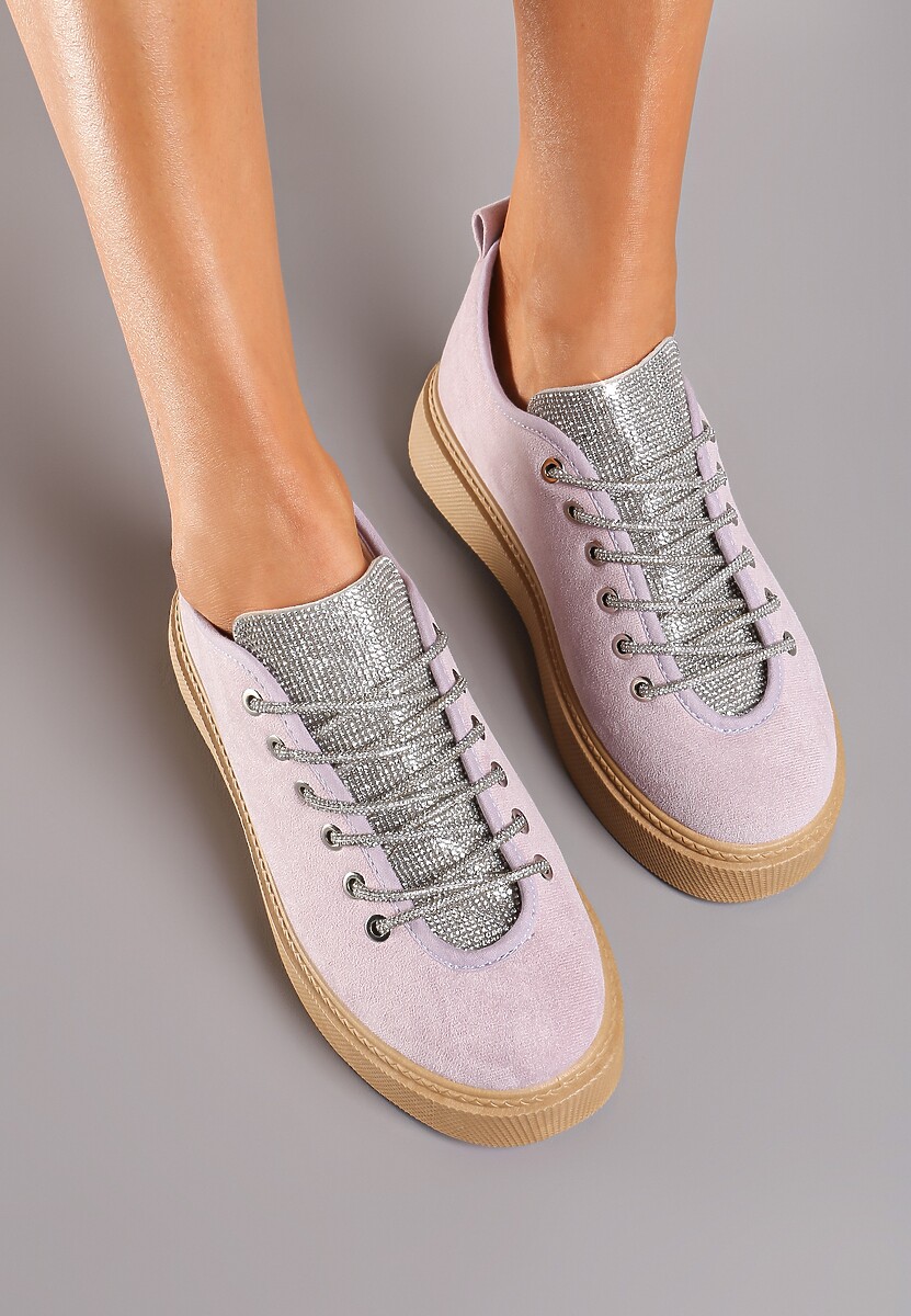 Jasnofioletowe Sneakersy na Platformie ze Sznurowaniem z Cyrkoniami Oziana