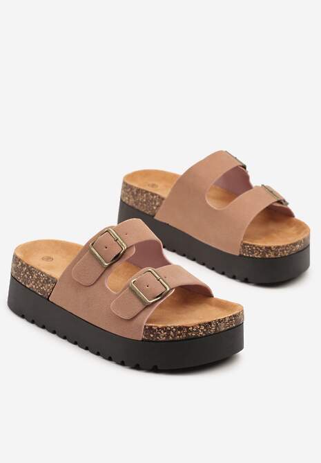 Różowe Klapki na Platformie z Korka Ozdobione Klamrami Ravilisse