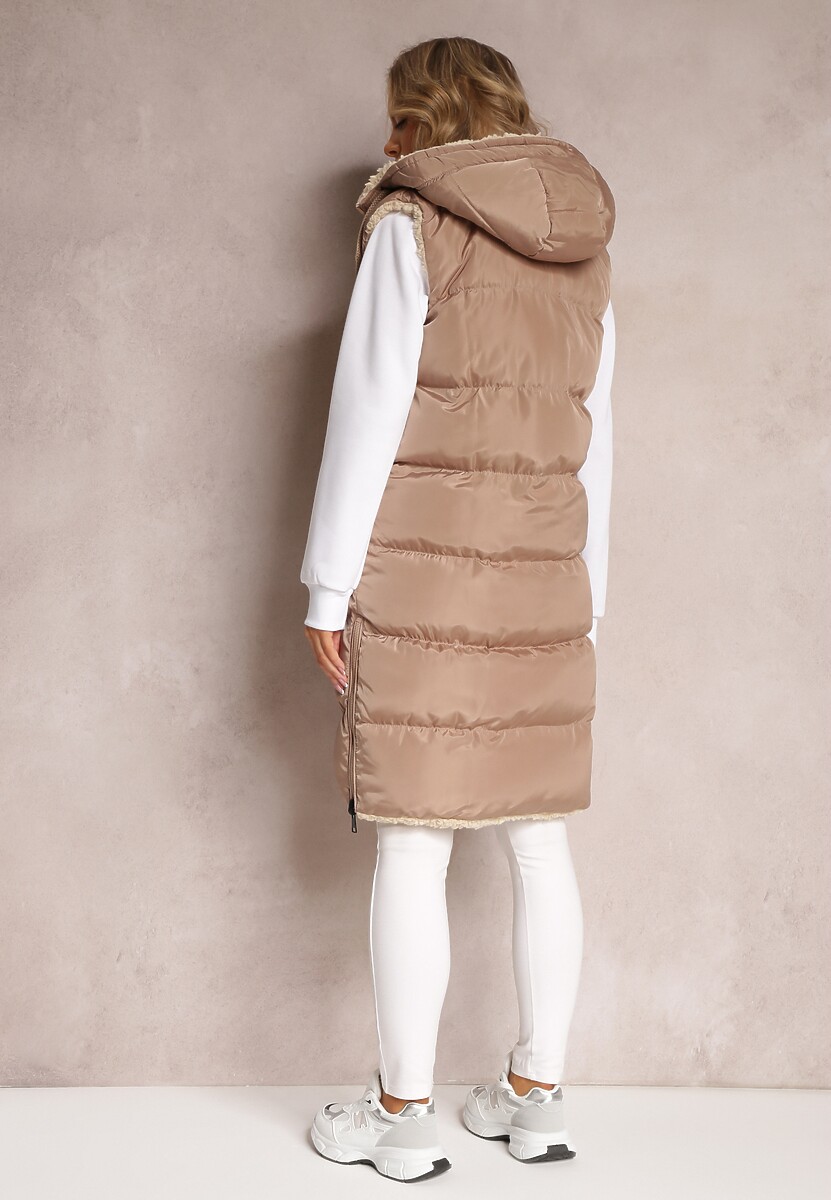 Ciemnobeżowa Dwustronna Kamizelka Pikowana z Futerkiem Madalan