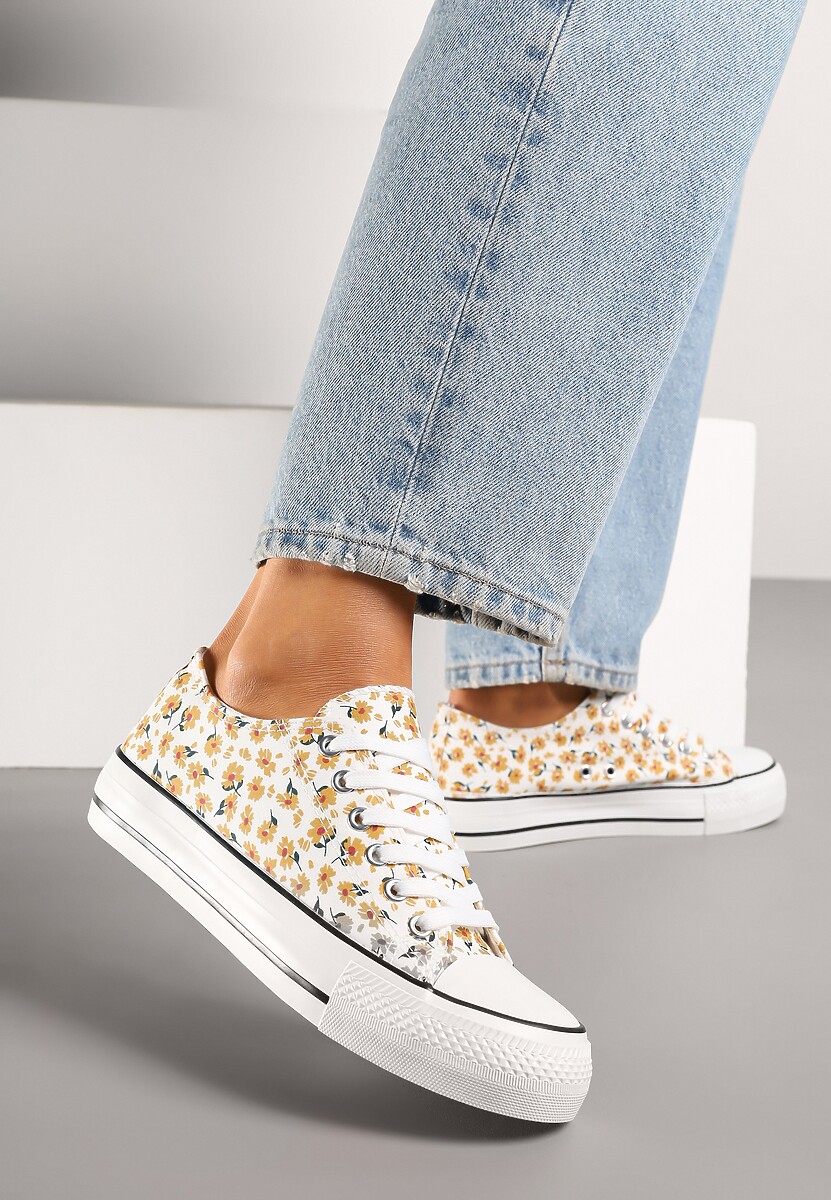 Czarne Casualowe Trampki w Kwiatki Foleriella