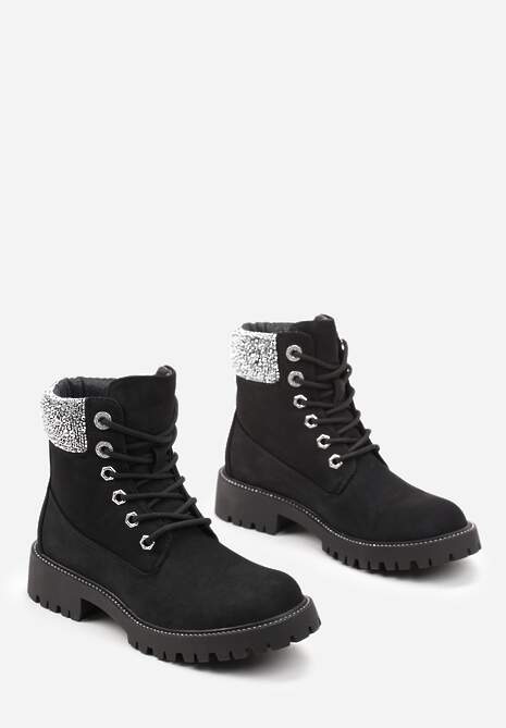 Czarne Botki Traperki na Płaskiej Podeszwie z Przeszyciami i Cyrkoniami Flurella