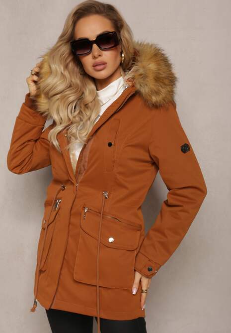 Brązowa Ocieplana Parka Kurtka z Kapturem i Podszewką z Możliwością Odpięcia Okava