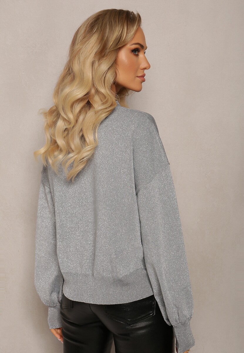 Szary Klasyczny Sweter z Metaliczną Nitką i Napisem Actylia