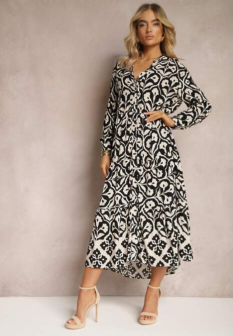 Czarna Koszulowa Sukienka Ozdobiona Ornamentalnym Printem Crypta