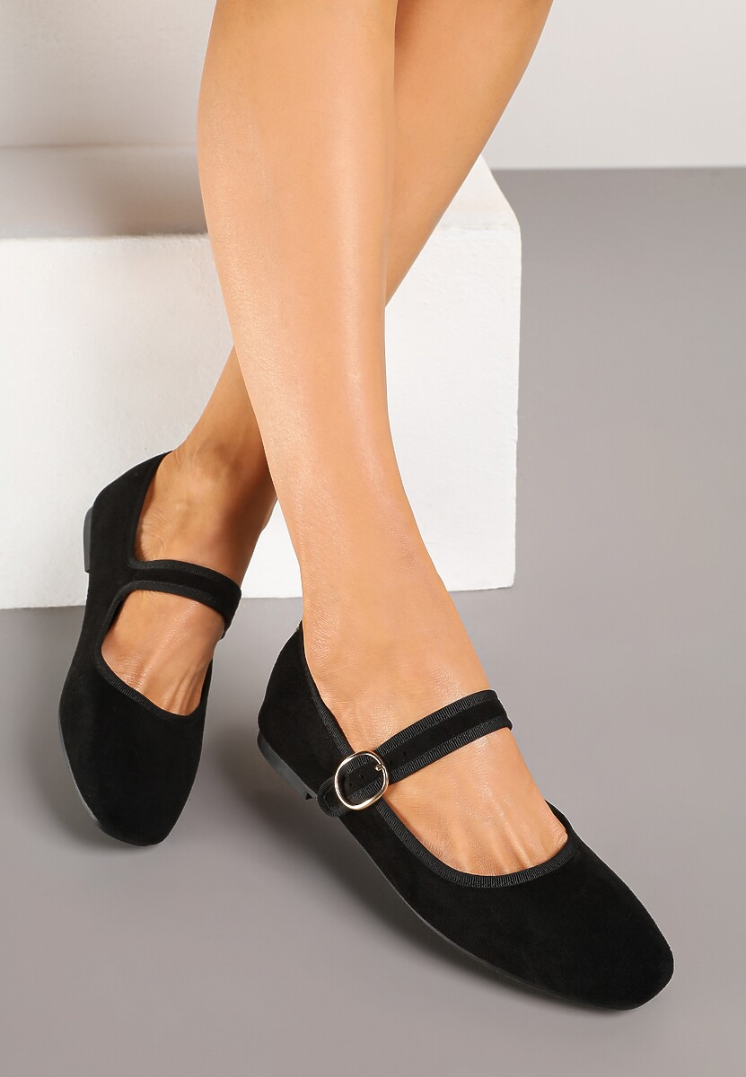 Czarne Balerinki w Stylu Mary Jane z Imitacji Zamszu Lisalira