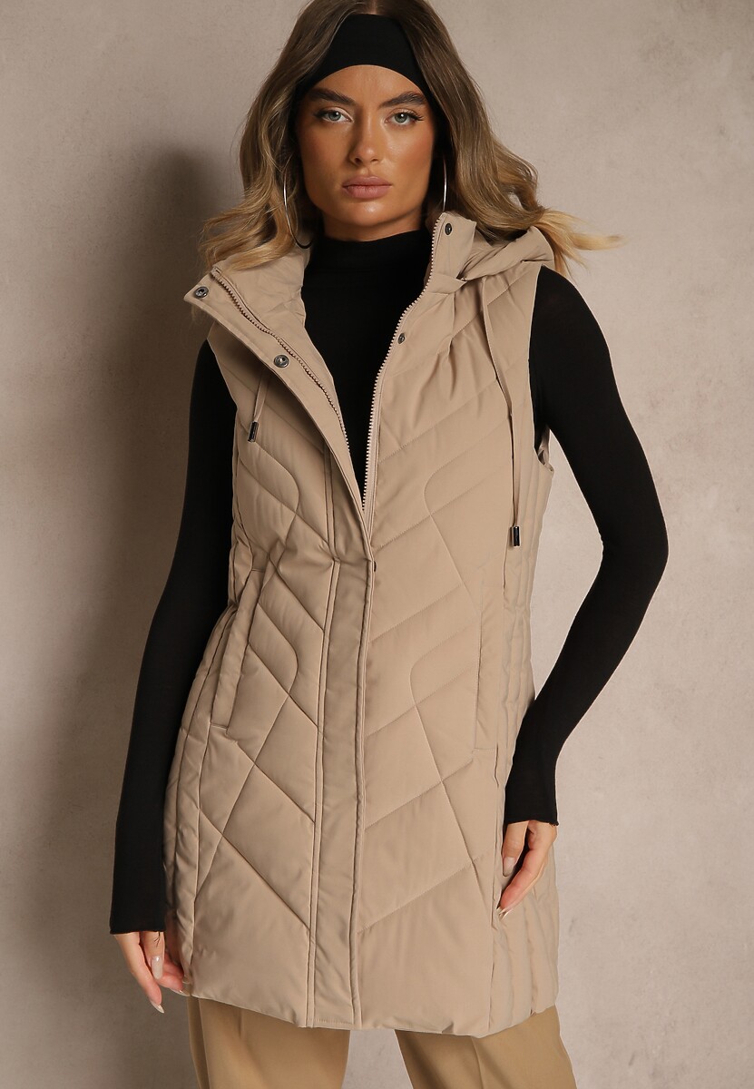 Ciemnobeżowa Pikowana Kamizelka o Taliowanym Kroju z Kapturem Tulonea