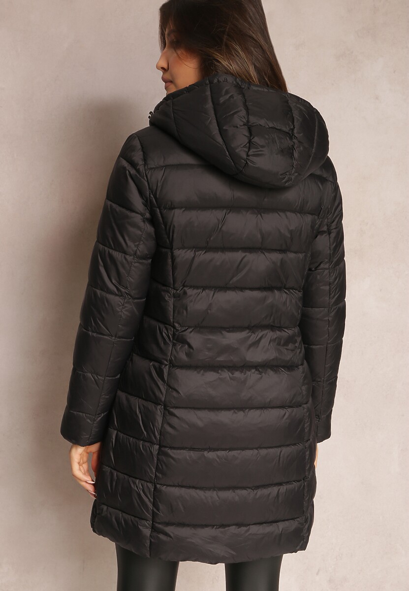 Czarna Długa Kurtka z Zasuwanymi Kieszonkami i Kapturem Chetrisa