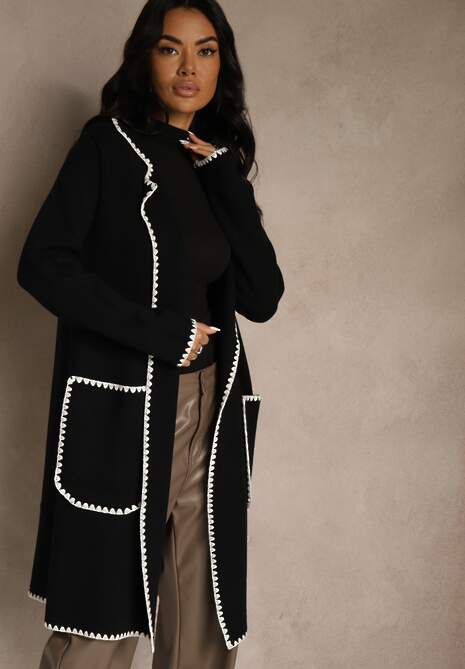 Czarny Kardigan z Haftowaną Lamówką Tuscele