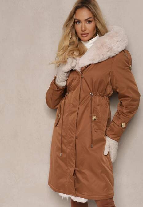 Brązowa Ocieplana Kurtka Parka z Kapturem i Ściągaczem w Pasie Semilaura