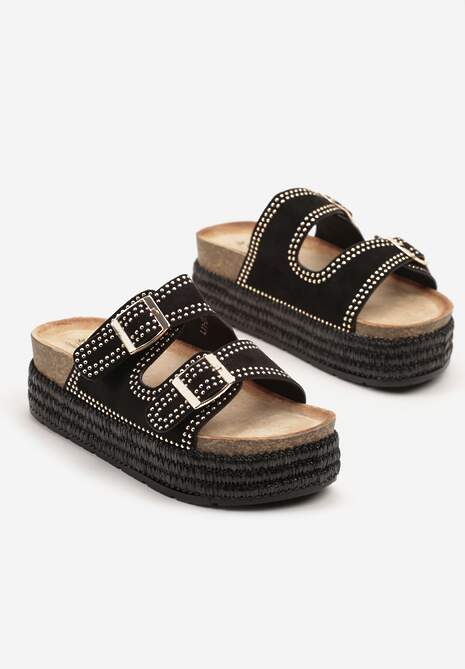 Czarne Klapki z Regulowanymi Paskami na Grubej Podeszwie z Plecionką Udiriva