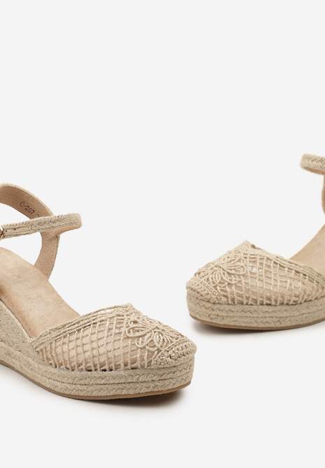 Beżowe Sandały w Stylu Espadryli z Plecionym Noskiem i Koturnem Sargia
